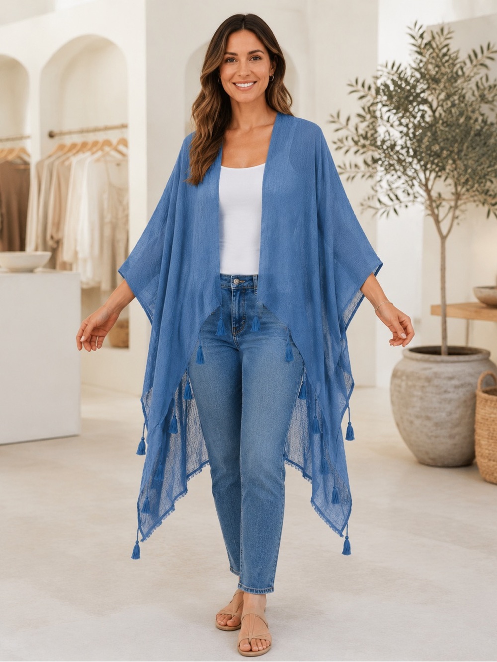 BCBGeneration Blue Tassel Swim Cover-Up Kimono